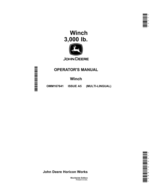 John Deere Winch 3,000 lb. Operator’s Manual (OMM167641) Workshop Guide