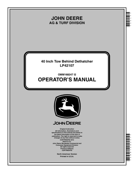 John Deere 40 INCH TOW BEHIND DETHATCHER Operator’s Manual (OMM168247) Workshop Guide