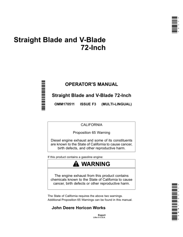 John Deere Straight Blade, V-Blade 72-Inch Operator’s Manual (OMM170511) Workshop Guide