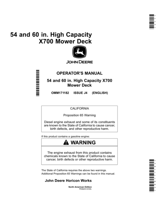 John Deere 54 & 60 In. High Capacity Mower Deck for X700 Series X710, X730, X734, X738 ,X739, Operator’s Manual (OMM171182) Workshop Guide