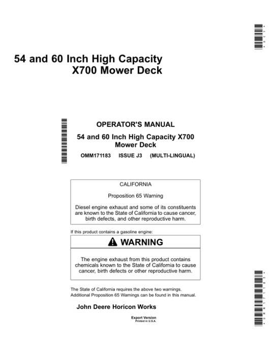 John Deere 54 & 60 In. High Capacity Mower Deck for X700 Series Tractors Export Edition (010001-030001) Operator’s Manual (OMM171183) Workshop Guide