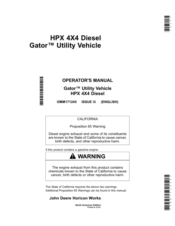 John Deere HPX-4×4 Gator Utility Vehicle Diesel North America (120001-130000) Operator’s Manual (OMM171245) Workshop Guide