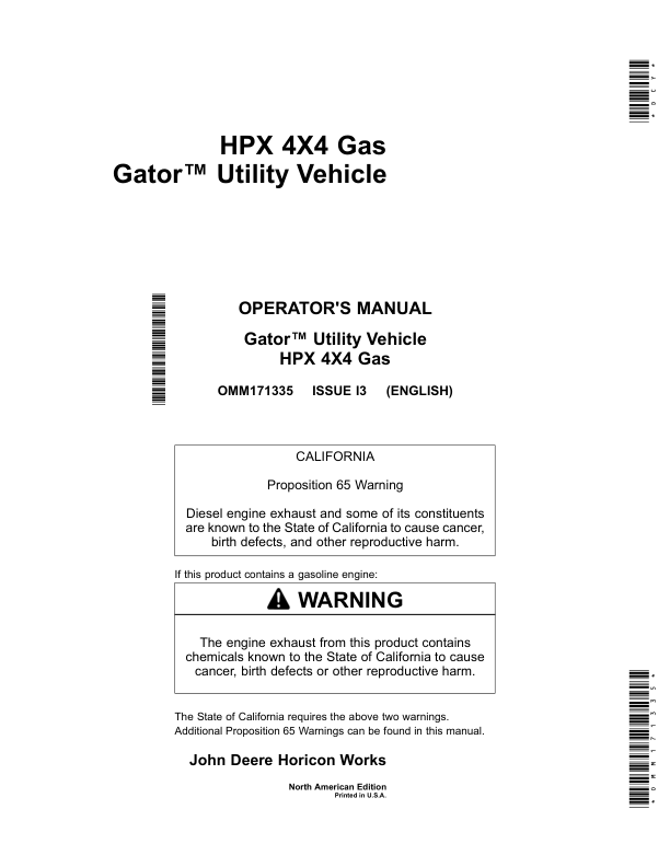 John Deere HPX 4×4 Gator Utility Vehicle Gas North America (120001-130000) Operator’s Manual (OMM171335) Workshop Guide