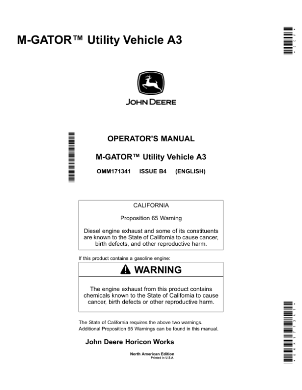 John Deere M-Gator A3 Utility All Terrain Vehicle North America (080001-110000) Operator’s Manual (OMM171341) Workshop Guide