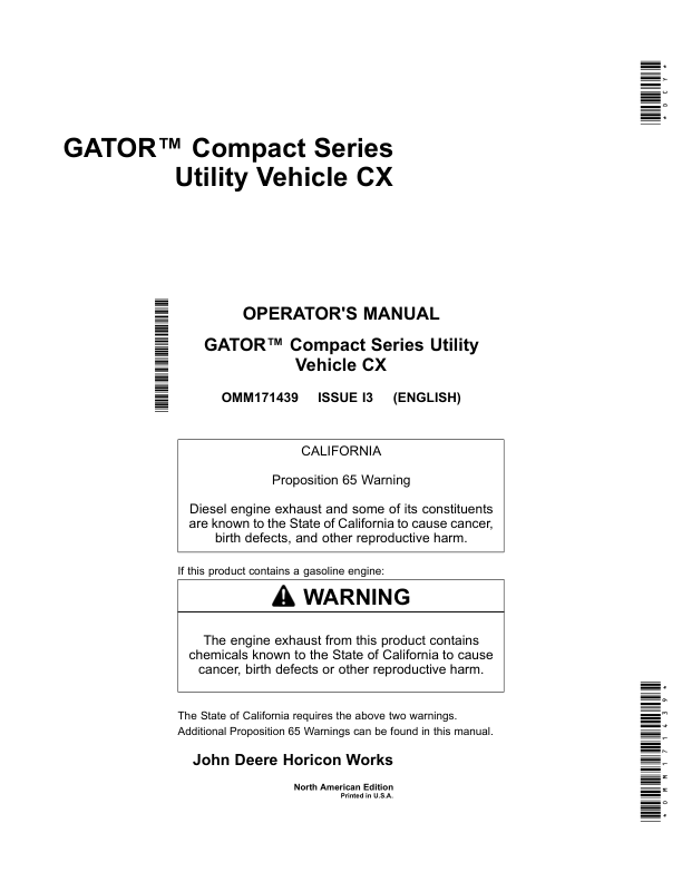 John Deere Gator Compact Series Utility Vehicle CX (100001-) Operator’s Manual (OMM171439) Workshop Guide