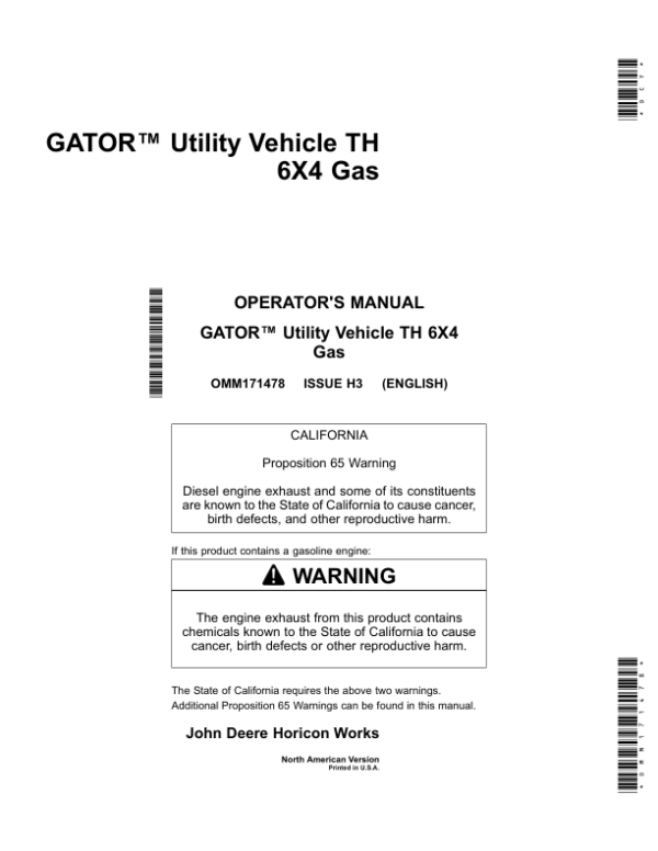 John Deere TH (6×4) Gator Utility Vehicle (Gas) North America (070001-100000) Operator’s Manual (OMM171478) Workshop Guide