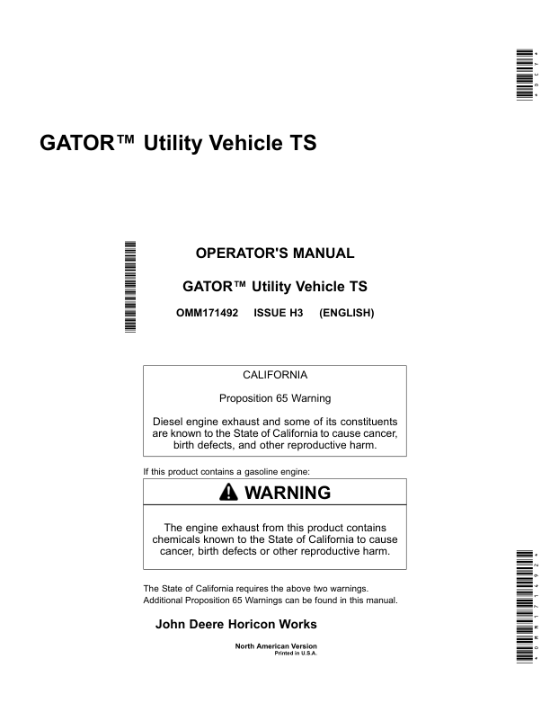 John Deere TS Gator Utility Vehicle North America (070001-100000) Operator’s Manual (OMM171492) Workshop Guide