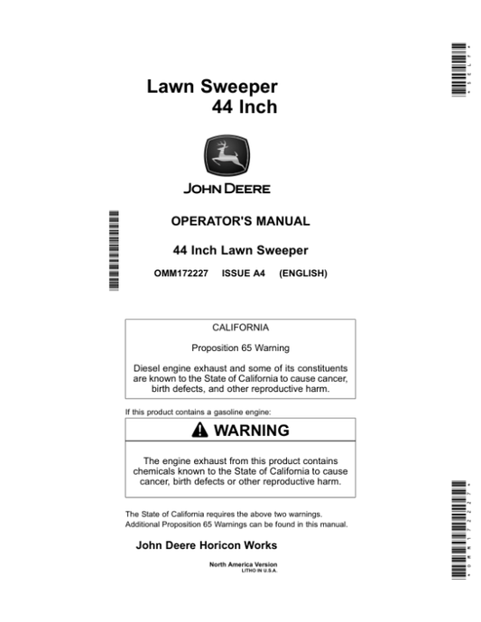 John Deere 44 Inch Lawn Sweeper (L&G Tractors only) Operator’s Manual (OMM172227) Workshop Guide