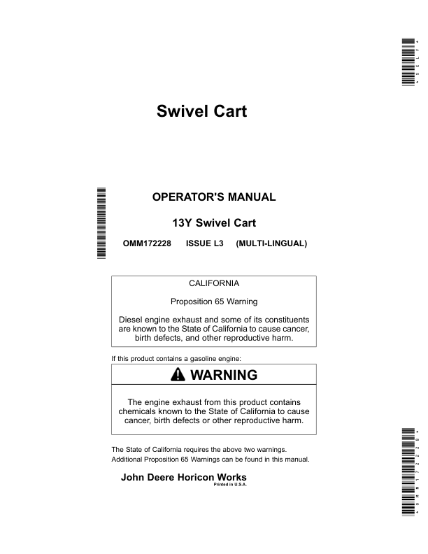 John Deere Swivel Cart Operator’s Manual (OMM172228) Workshop Guide