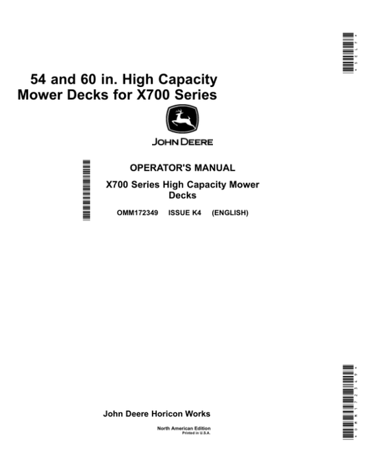 John Deere 54 & 60 In. High Capacity Mower Deck for X700 Series Tractors North America (030001-040000) Operator’s Manual (OMM172349) Workshop Guide
