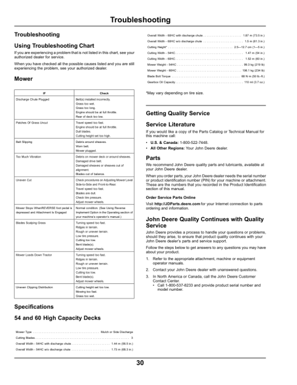 John Deere 54 & 60 In. High Capacity Mower Deck for X700 Series Tractors North America (030001-040000) Operator’s Manual (OMM172349) Workshop Guide