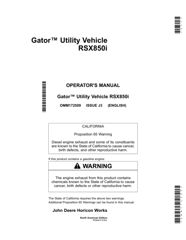 John Deere RSX850i Gator Utility Vehicle North America (010001-030000) Operator’s Manual (OMM172509) Workshop Guide