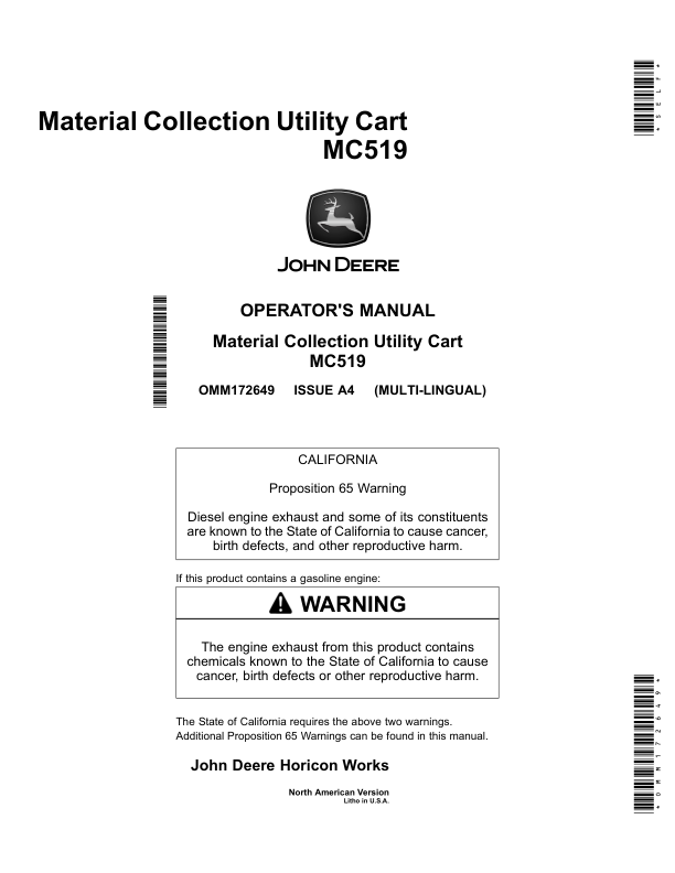 John Deere MC519 Material Collection Utility Cart Operator’s Manual (OMM172649) Workshop Guide