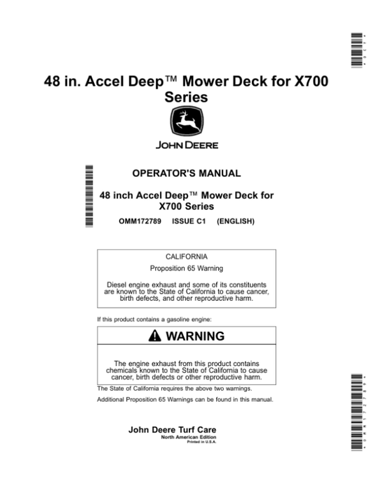 John Deere 48-Inch Accel Deep Mower Deck for X700 Series (010001-) (North America) Operator’s Manual (OMM172789) Workshop Guide