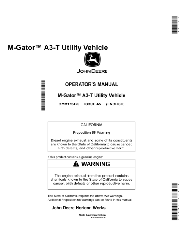 John Deere M-Gator A3-T Utility Vehicle North America (010001-020000) Operator’s Manual (OMM173475) Workshop Guide