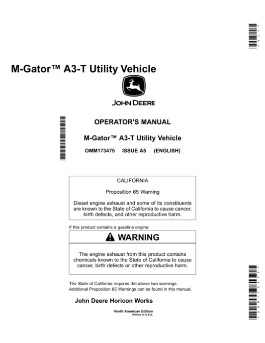 John Deere M-Gator A3-T Utility Vehicle North America (010001-020000) Operator’s Manual (OMM173475) Workshop Guide
