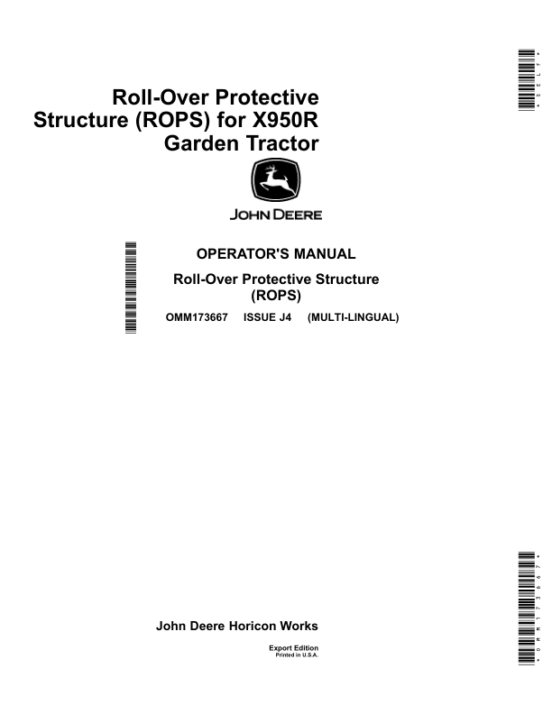 John Deere Roll-Over Protective Structure (ROPS) for X950R Garden Tractor (Export Edition) Operator’s Manual (OMM173667) Workshop Guide
