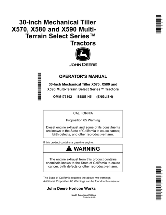 John Deere 30-Inch Mechanical Tillerfor X570, X580, & X590Multi-Terrain Select Series Tractors North American Edtion (090001- ) Operator’s Manual (OMM173802) Workshop Guide