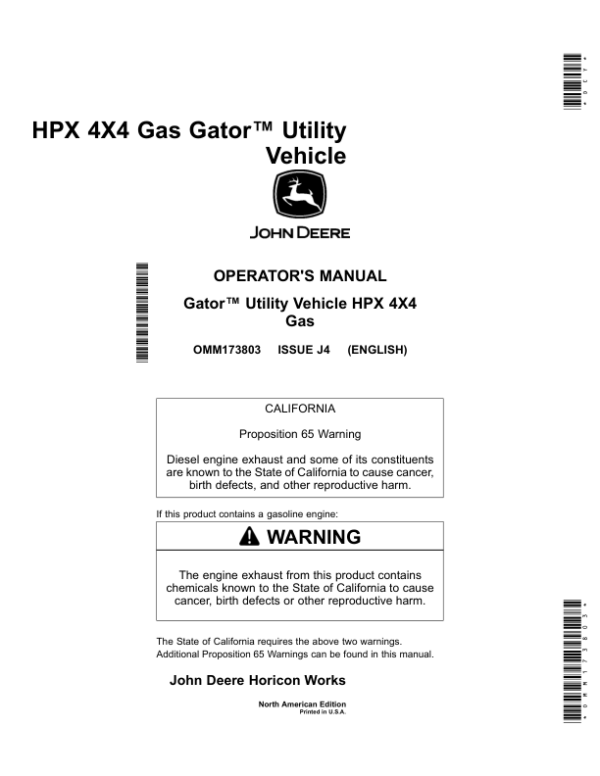 John Deere HPX 4×4 Gator Utility Vehicle Gas North America (130001-140000) Operator’s Manual (OMM173803) Workshop Guide
