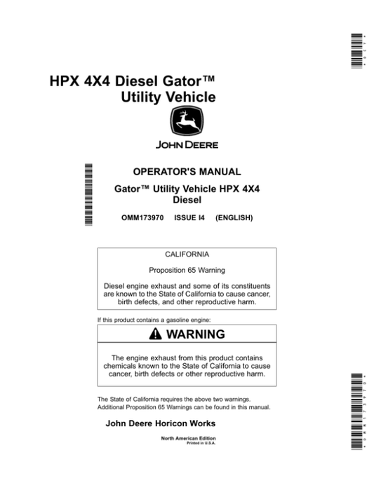 John Deere HPX-4×4 Gator Utility Vehicle Diesel North America (130001-140000) Operator’s Manual (OMM173970) Workshop Guide