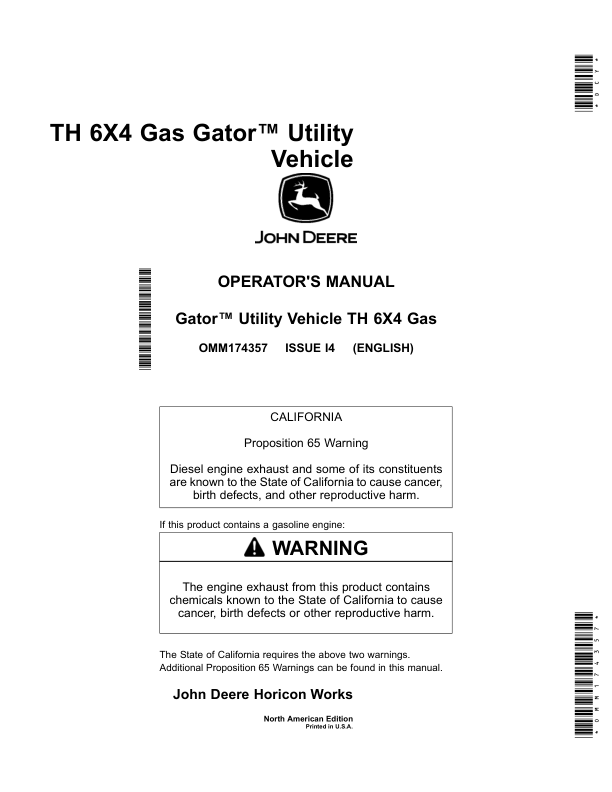John Deere TH (6×4) Gator Utility Vehicle (Gas) North America (100001-110000) Operator’s Manual (OMM174357) Workshop Guide