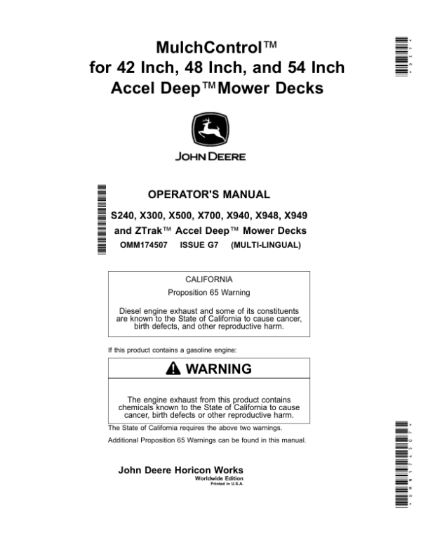 John Deere MulchControl For 42 Inch, 48 Inch, 54 Inch Accel Deep Mower Decks (Start-May 2020) (Worldwide Edition) Operator’s Manual (OMM174507) Workshop Guide