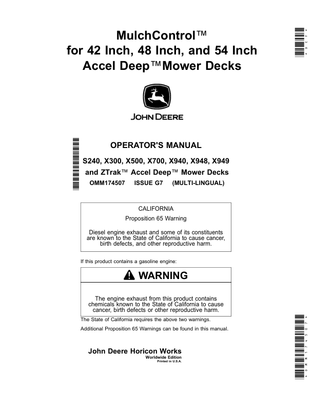 John Deere MulchControl For 42 Inch, 48 Inch, 54 Inch Accel Deep Mower Decks (Start-May 2020) (Worldwide Edition) Operator’s Manual (OMM174507) Workshop Guide