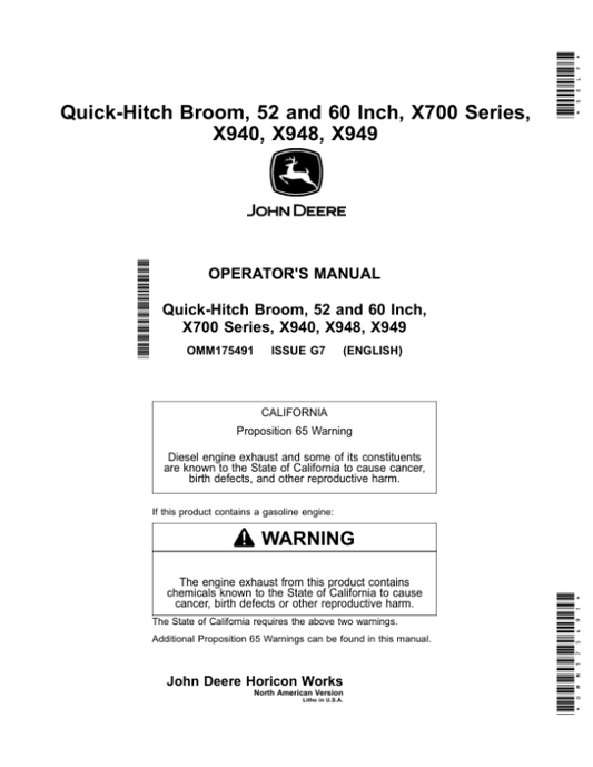 John Deere 52 & 60 Inch Quick-Hitch Broom, X700 & X900 Series Tractors with Serial Numbers 040001- & above Operator’s Manual (OMM175491) Workshop Guide
