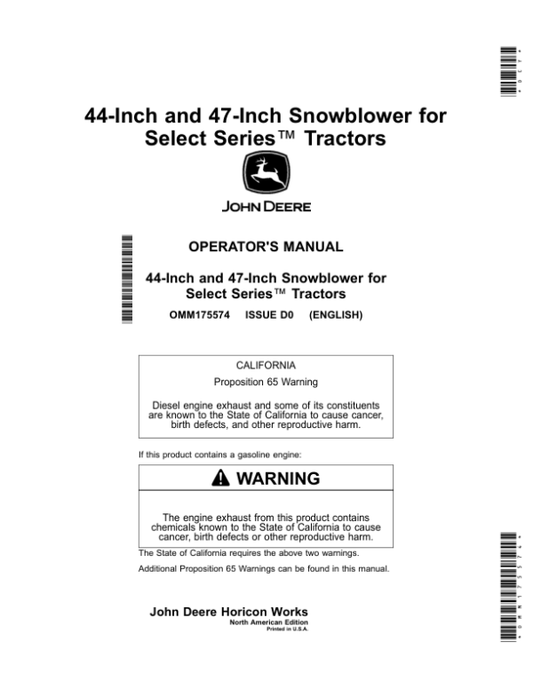 John Deere 44-Inch, 47-Inch Snowblower (010001-) for X300 Select Series (010001-), X500 Multi-Terrain (110001-), X590 Select Series Tractors (110001-) Operator’s Manual (OMM175574) Workshop Guide