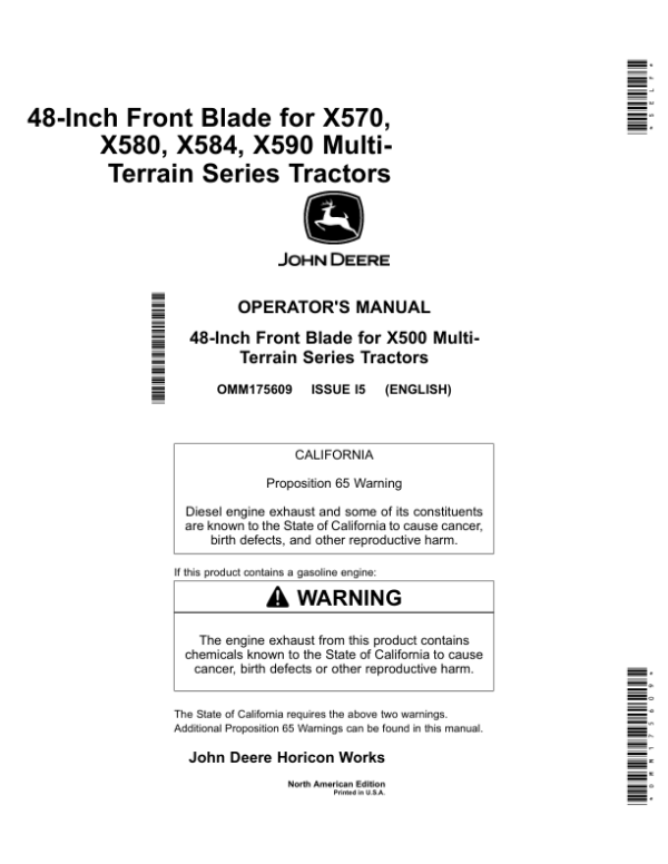 John Deere 48 Inch Front Blades for X570, X580, X584 & X590 Tractors North America (010001- ) Operator’s Manual (OMM175609) Workshop Guide