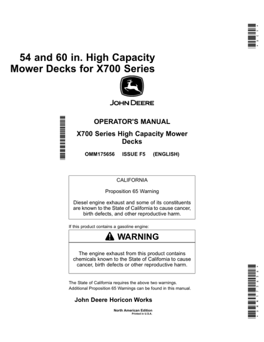 John Deere 54 & 60 In. High Capacity Mower Deckfor X700 Series Tractors North America (040001-) Operator’s Manual (OMM175656) Workshop Guide