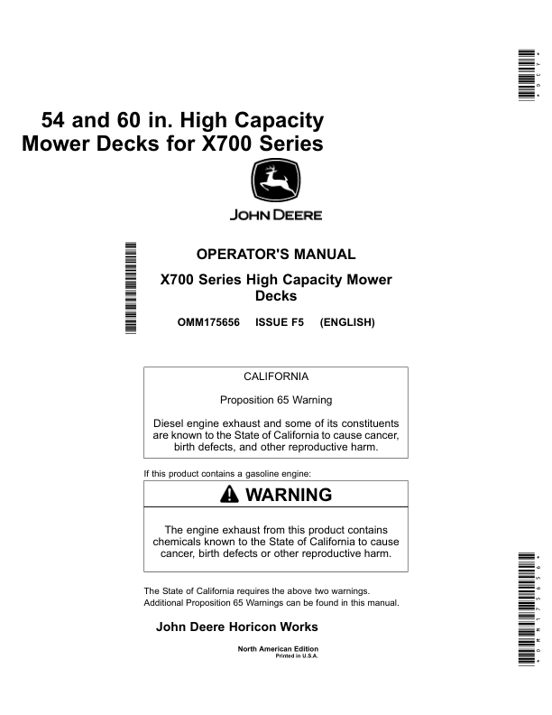 John Deere 54 & 60 In. High Capacity Mower Deckfor X700 Series Tractors North America (040001-) Operator’s Manual (OMM175656) Workshop Guide