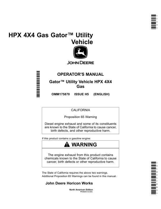 John Deere HPX-4×4 Gator Utility Vehicle Gas North America (140001- ) Operator’s Manual (OMM175870) Workshop Guide