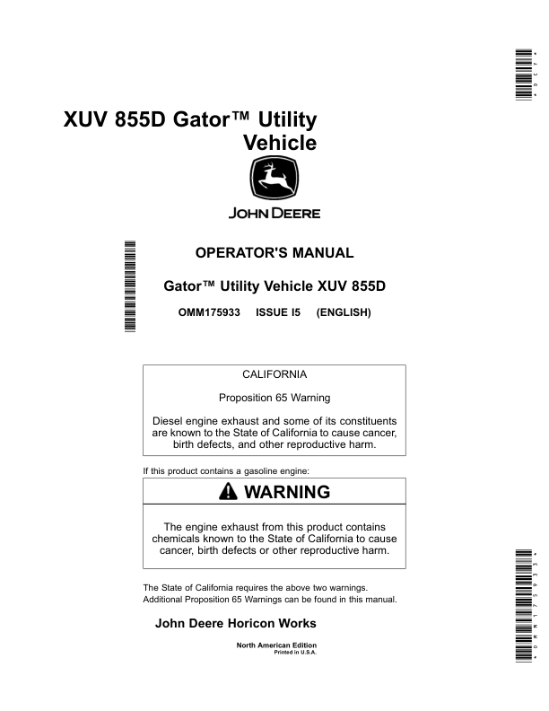 John Deere 855D XUV Gator North America (110001-) Operator’s Manual (OMM175933) Workshop Guide