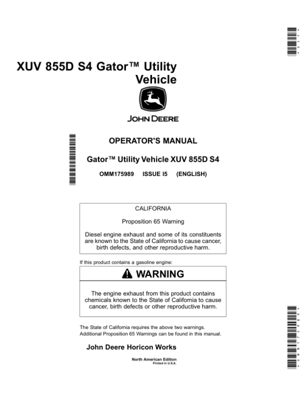 John Deere 855D XUV S4 Gator North America (110001-) Operator’s Manual (OMM175989) Workshop Guide