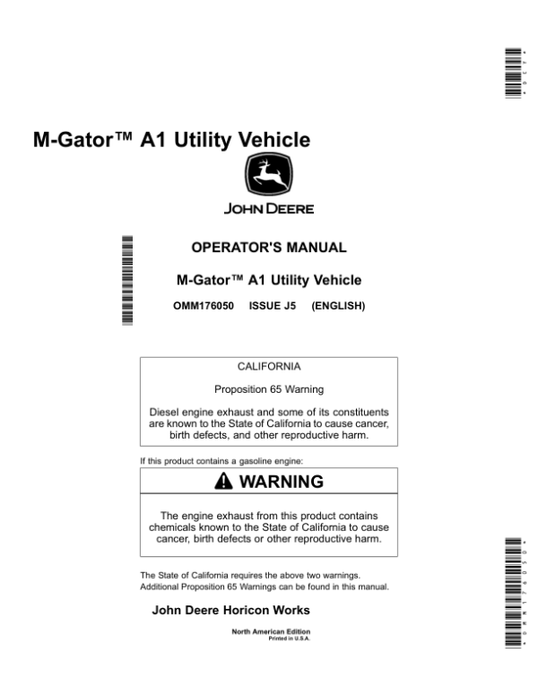 John Deere M-Gator A1 Utility Vehicles North America (130001-) Operator’s Manual (OMM176050) Workshop Guide