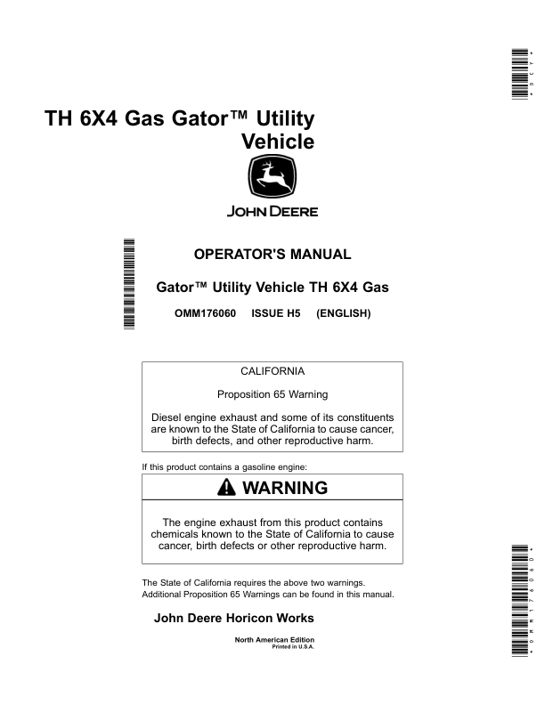 John Deere TH (6×4) Gator Utility Vehicle (Gas)North America (110001- ) Operator’s Manual (OMM176060) Workshop Guide