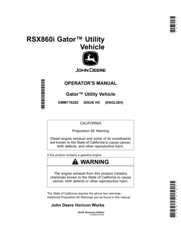 John Deere RSX860i Gator Utility Vehicle North America (010001- ) Operator’s Manual (OMM176282) Workshop Guide