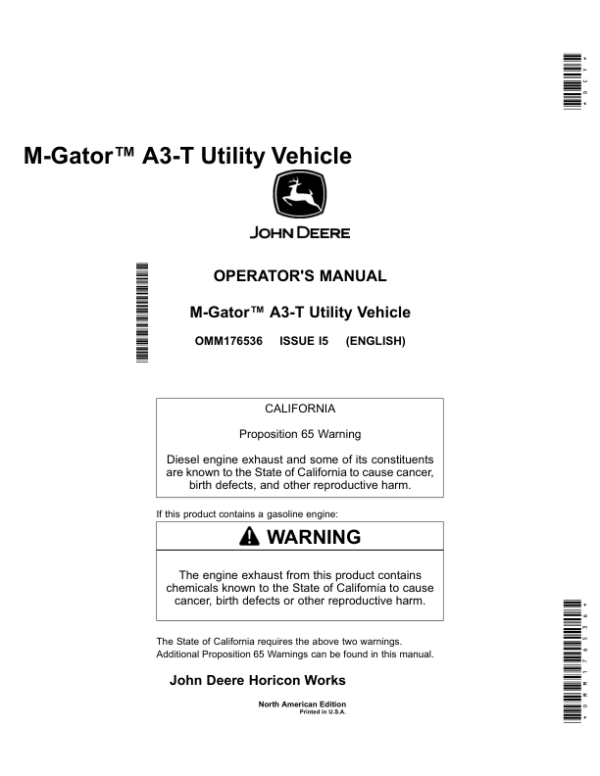 John Deere M-Gator A3-T Utility Vehicle North America (020001-) Operator’s Manual (OMM176536) Workshop Guide