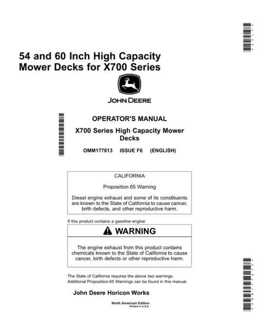 John Deere 54 & 60 Inch High Capacity Mower Decks for X700 Series (North American) Operator’s Manual (OMM177813) Workshop Guide
