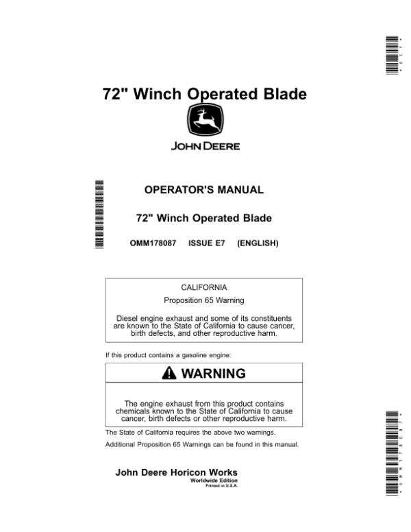 John Deere 72 Inch Winch Operated Blade Operator’s Manual (OMM178087) Workshop Guide