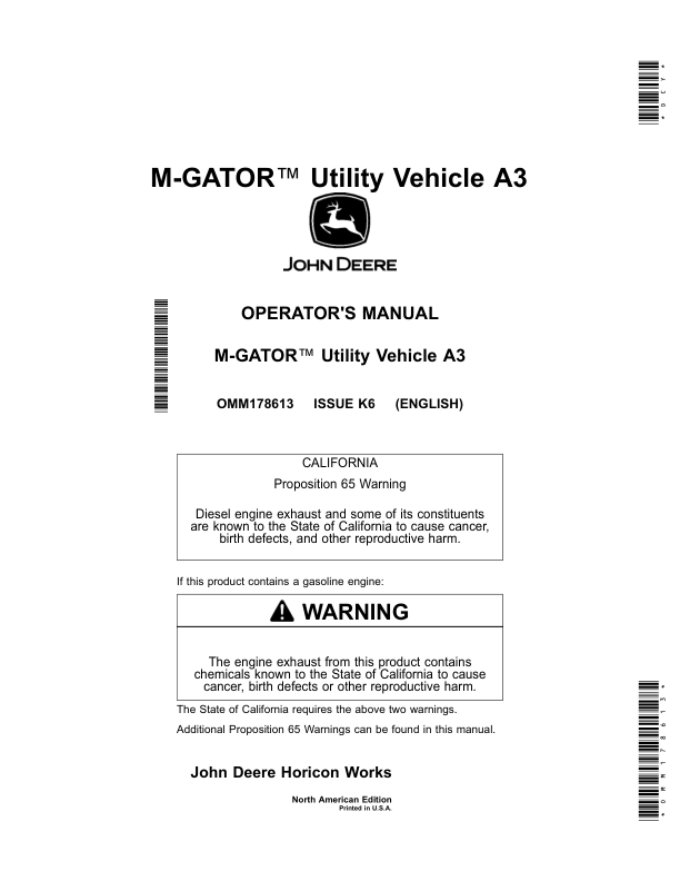 John Deere M-Gator A3 Utility Vehicles Operator’s Manual (OMM178613) Workshop Guide
