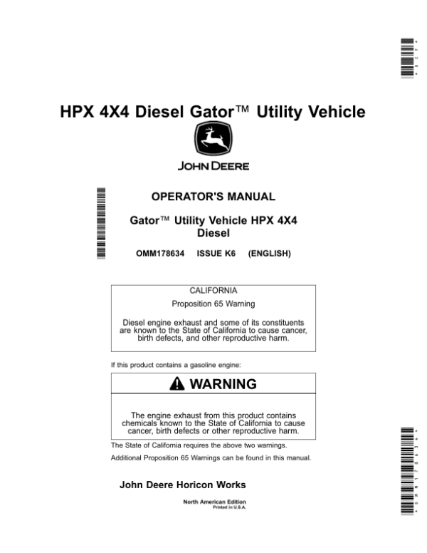 John Deere HPX 4X4 Diesel Gator Utility Vehicles Diesel (Engine-Yanmar 3TNV70) Operator’s Manual (OMM178634) Workshop Guide