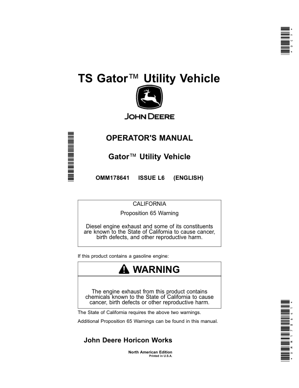 John Deere TS 4×2 Gas Gator Utility Vehicles (Engine-Kawasaki FJ400) Operator’s Manual (OMM178641) Workshop Guide