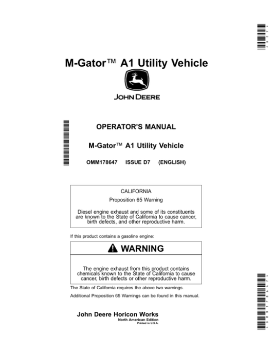 John Deere M Gator A1 Utility Vehicle Operator’s Manual (OMM178647) Workshop Guide