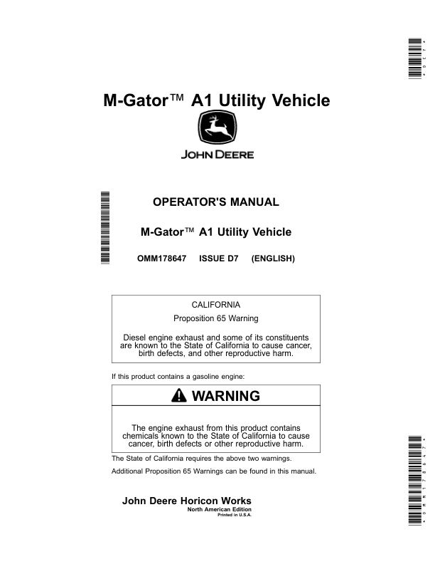 John Deere M Gator A1 Utility Vehicle Operator’s Manual (OMM178647) Workshop Guide