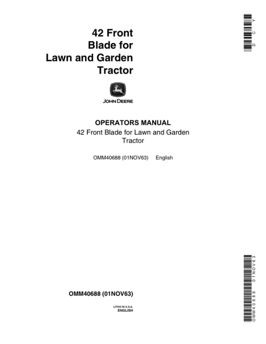 John Deere 42-Inch Front Mount Blade for 110 Lawn & Garden Tractor Operator’s Manual (OMM40688) Workshop Guide