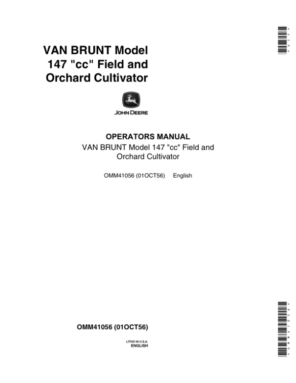 John Deere Van Brunt Model 147-CC Field & Orchard Cultivator Operator’s Manual (OMM41056) Workshop Guide