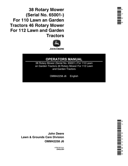 John Deere 38 Rotary Mower (065001-), 46 Rotary Mower Operator’s Manual (OMM42258) Workshop Guide