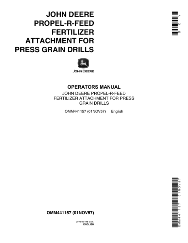 John Deere Propel-R-Feed Fertilizer Attachment for Press Grain Drills Operator’s Manual (OMM441157) Workshop Guide